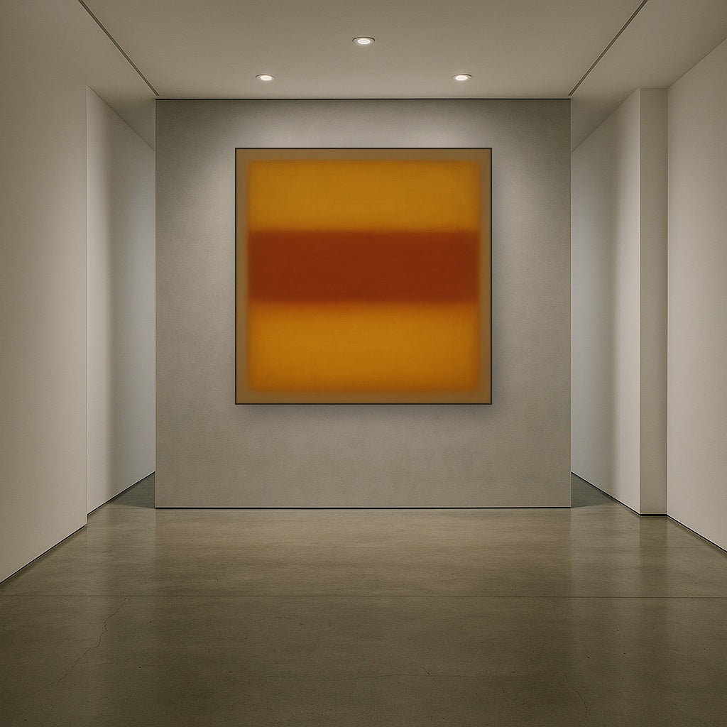 Luminous Ochre & Terracotta Horizon Color Field No. 12 Oil Painting Staged in Bright Entryway and Hallway Gallery Wall, Hand Painted Fine Art on Linen