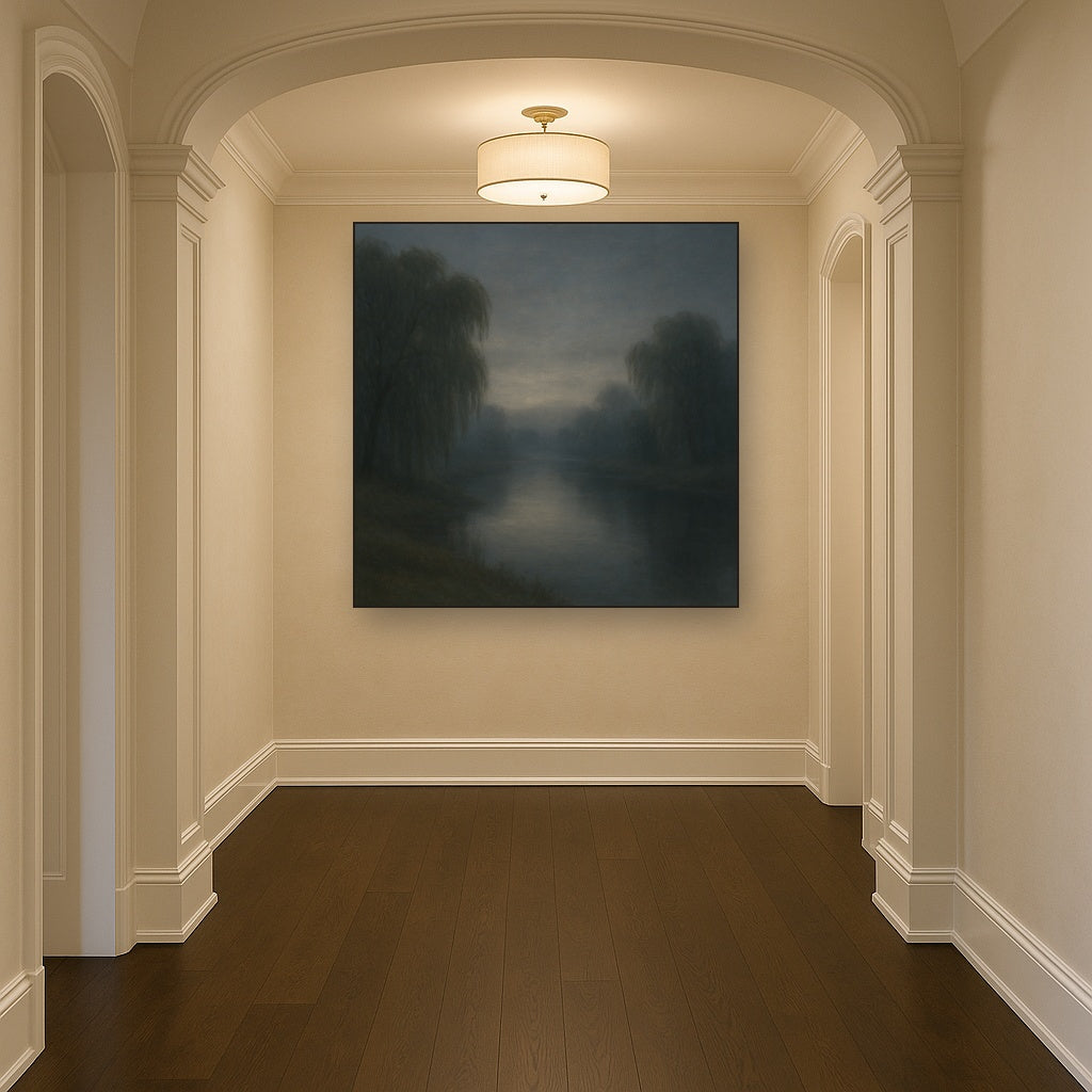 Tranquil Riverbank at Twilight Mist Oil Painting - View 5