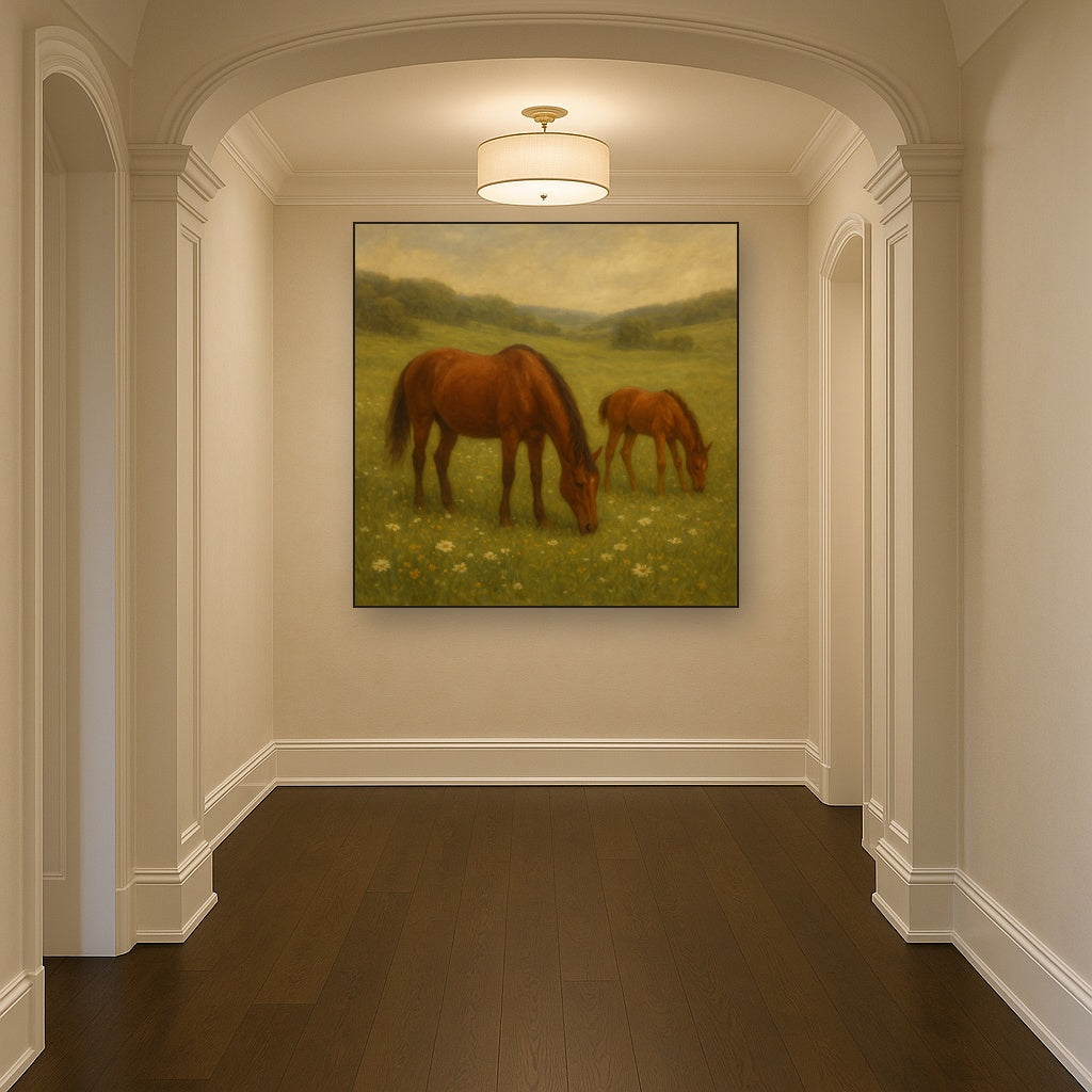 Mares & Foals Grazing in Rolling Meadow No. 6 Oil Painting - View 5
