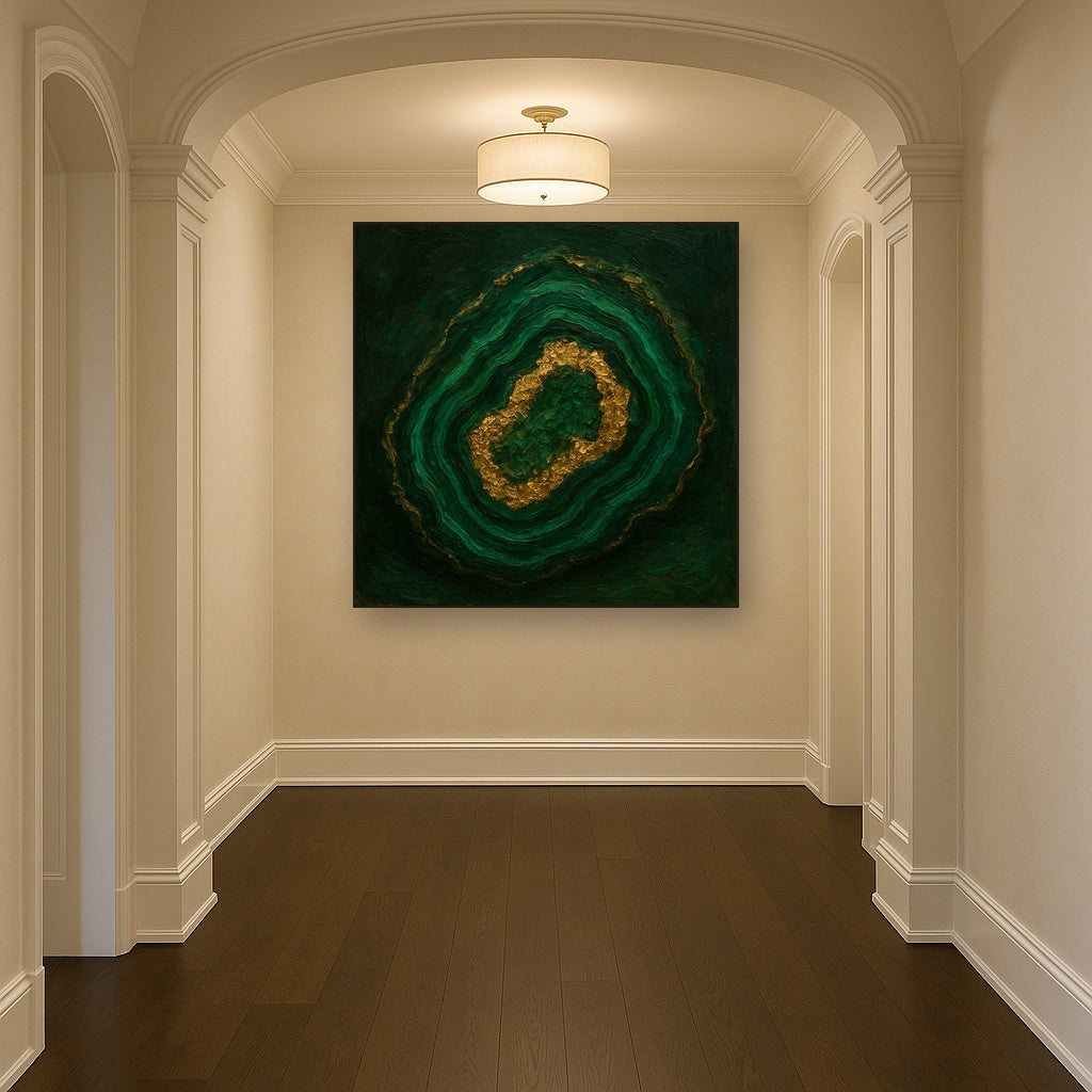 Forest Malachite & Gilded Geode No. 5 Oil Painting - Styled in Entryway Hallway