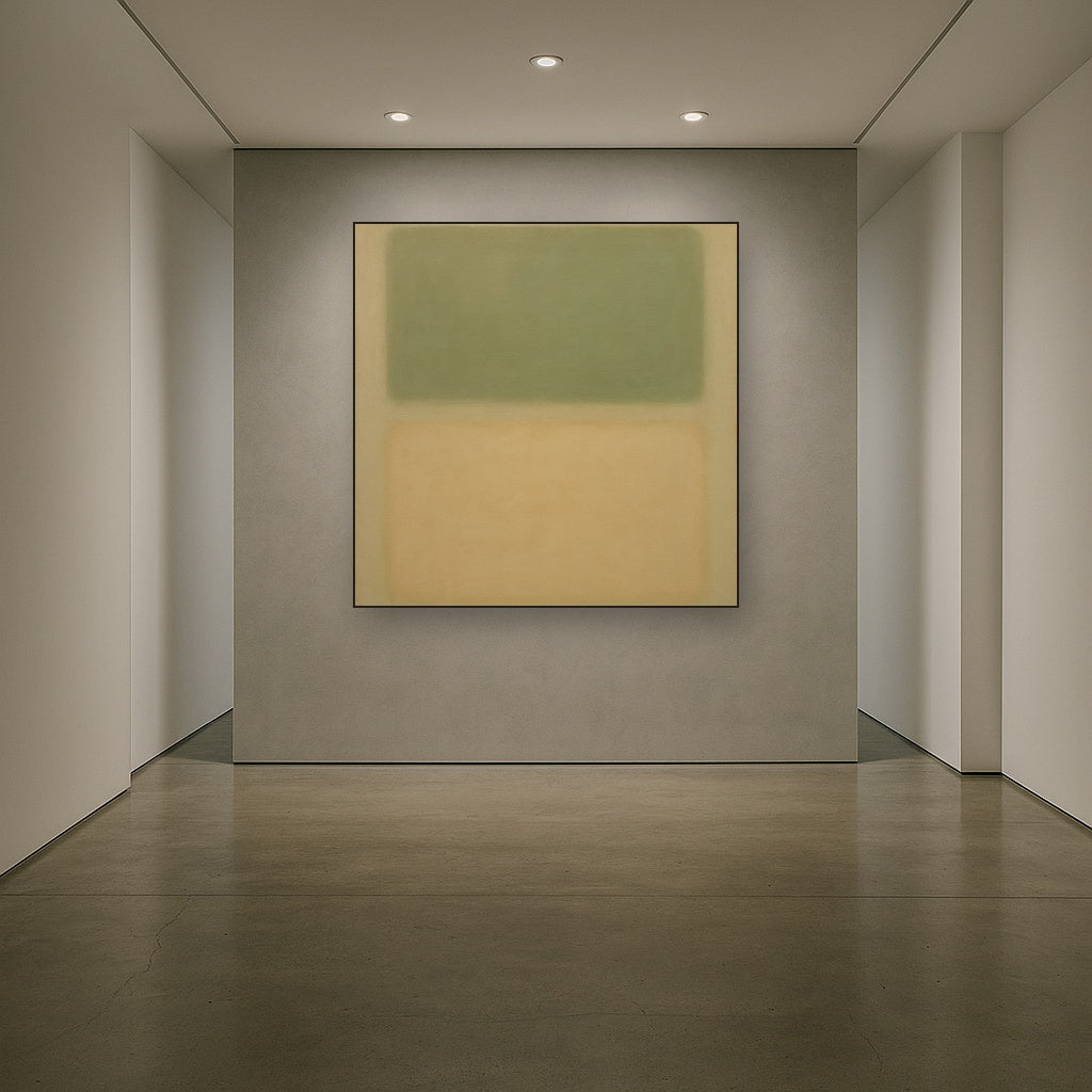 Sage Olive & Pale Sandstone Minimalist Harmony No. 15 Oil Painting Staged in Bright Entryway and Hallway Gallery Wall, Hand Painted Fine Art on Linen