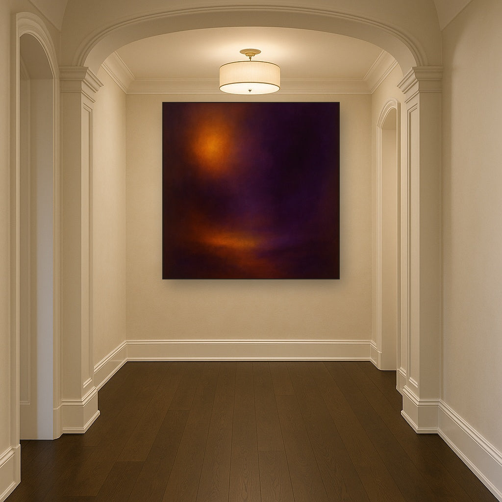 Burnt Amber & Velvet Amethyst Atmosphere No. 15 Oil Painting Staged in Bright Entryway and Hallway Gallery Wall, Hand Painted Fine Art on Linen