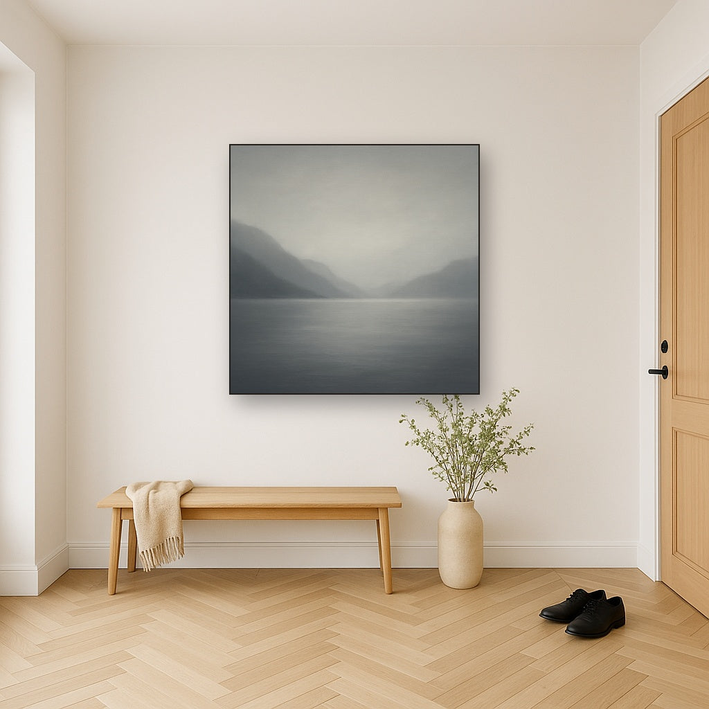 Misty Fjord Horizon in Monochromatic Slate No. 17 Oil Painting Staged in Bright Entryway and Hallway Gallery Wall, Hand Painted Fine Art on Linen