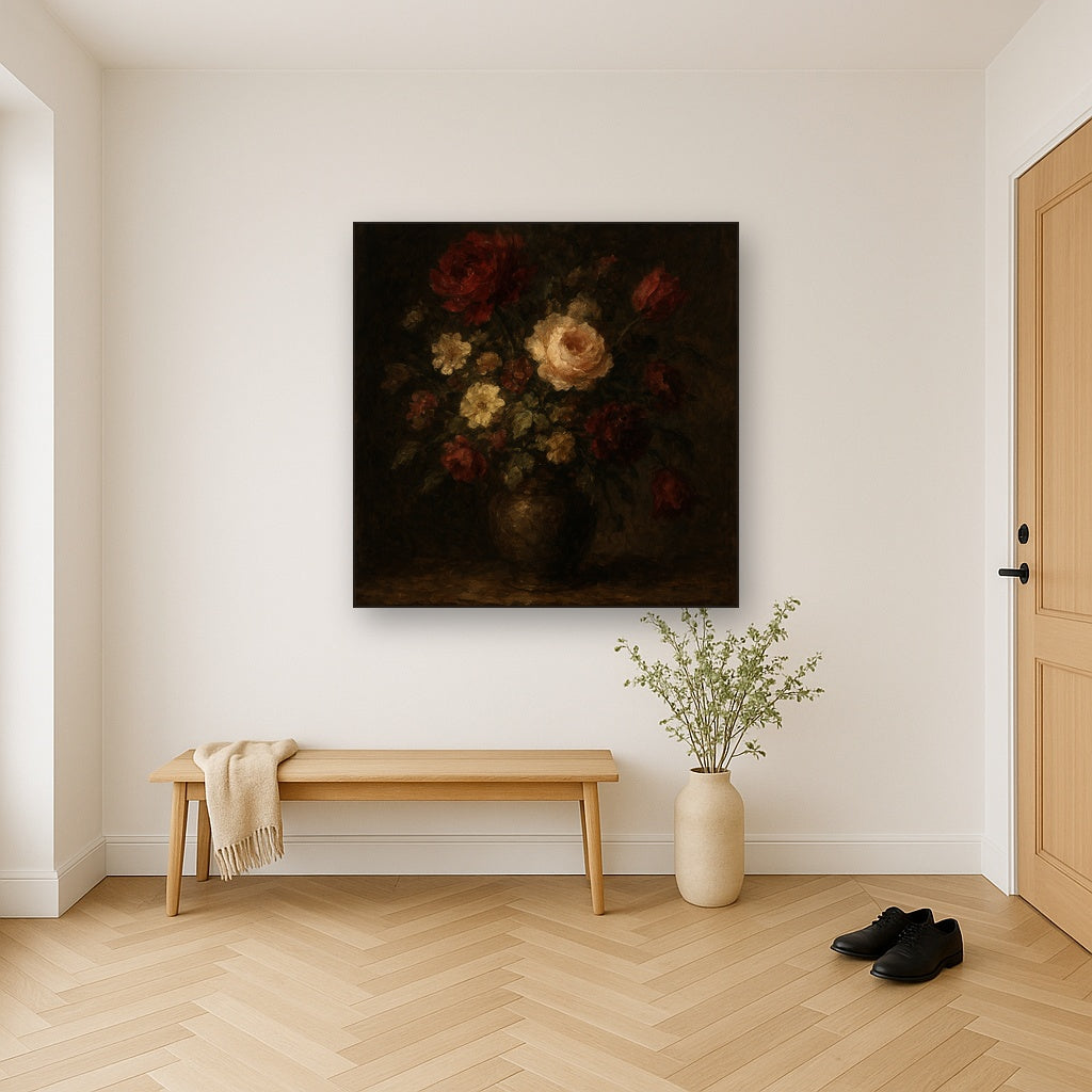 Dutch Golden Age Moody Floral Still Life No. 5 Oil Painting - Styled in Entryway Hallway