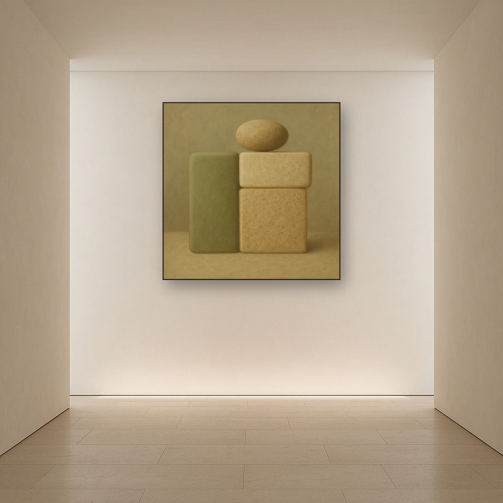 Muted Olive & Sandstone Geometric Balance No. 14 Oil Painting Staged in Bright Entryway and Hallway Gallery Wall, Hand Painted Fine Art on Linen