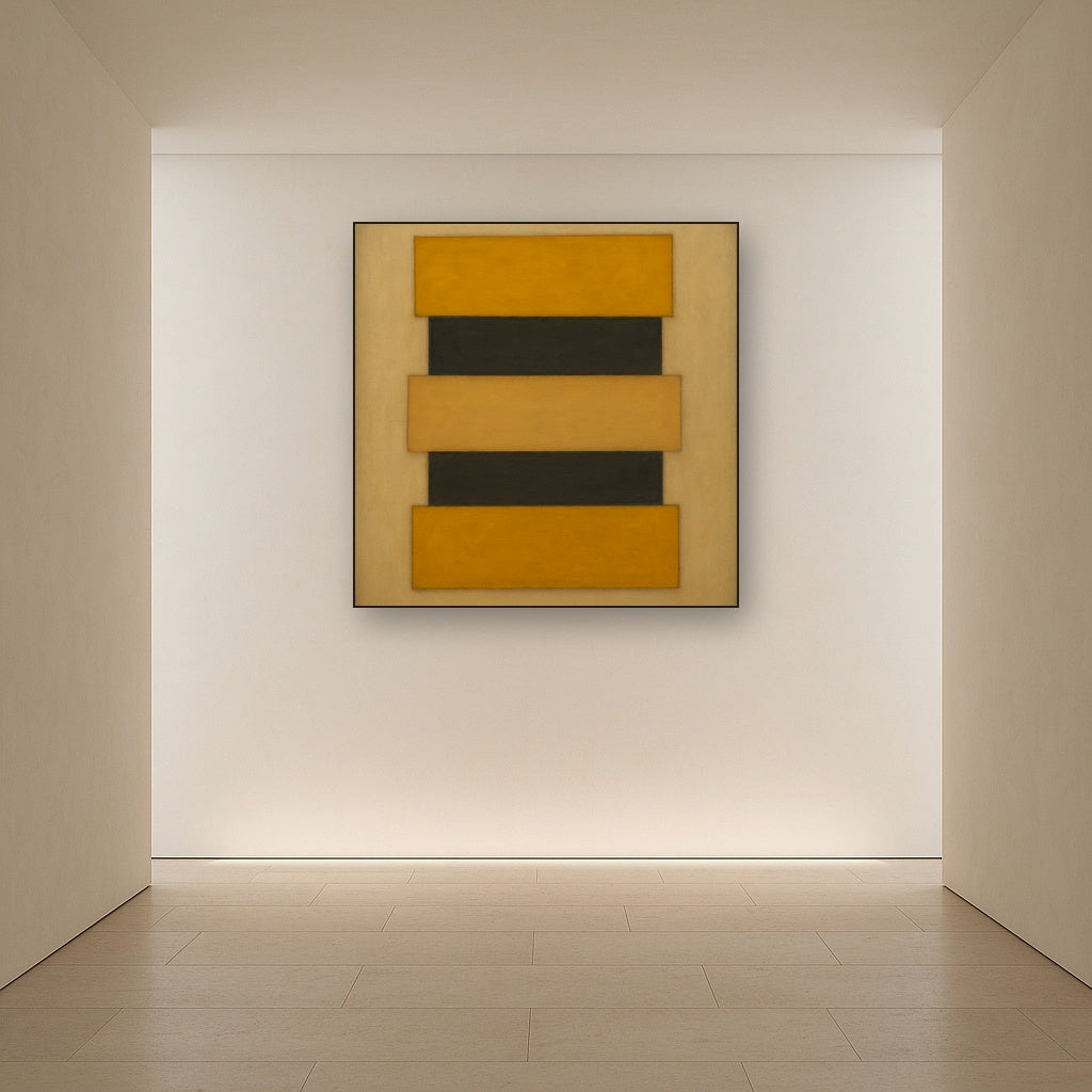 Stacked Horizon Blocks in Mustard & Charcoal No. 17 Oil Painting Staged in Bright Entryway and Hallway Gallery Wall, Hand Painted Fine Art on Linen
