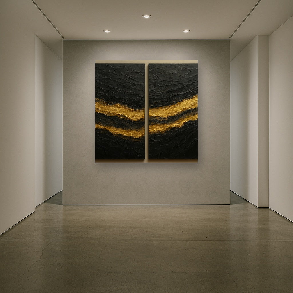 Basalt & Gold Mineral Diptych No. 3 Oil Painting - Styled in Entryway Hallway