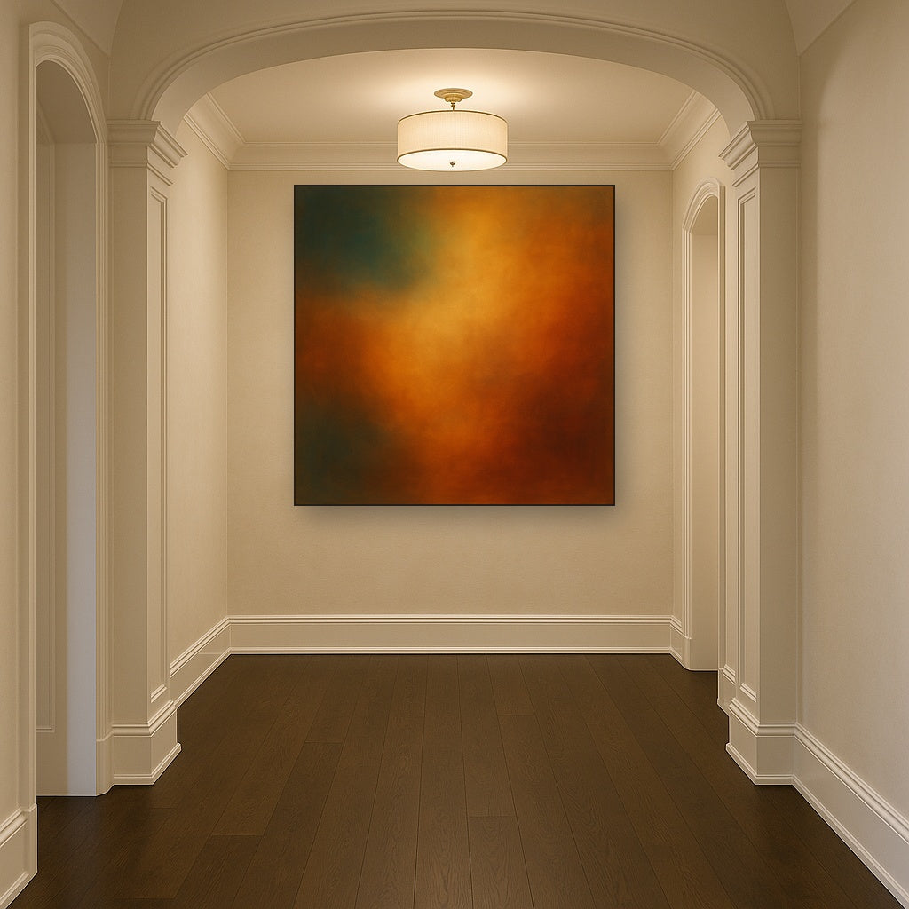 Deep Topaz & Spiced Terracotta Glow No. 13 Oil Painting Staged in Bright Entryway and Hallway Gallery Wall, Hand Painted Fine Art on Linen