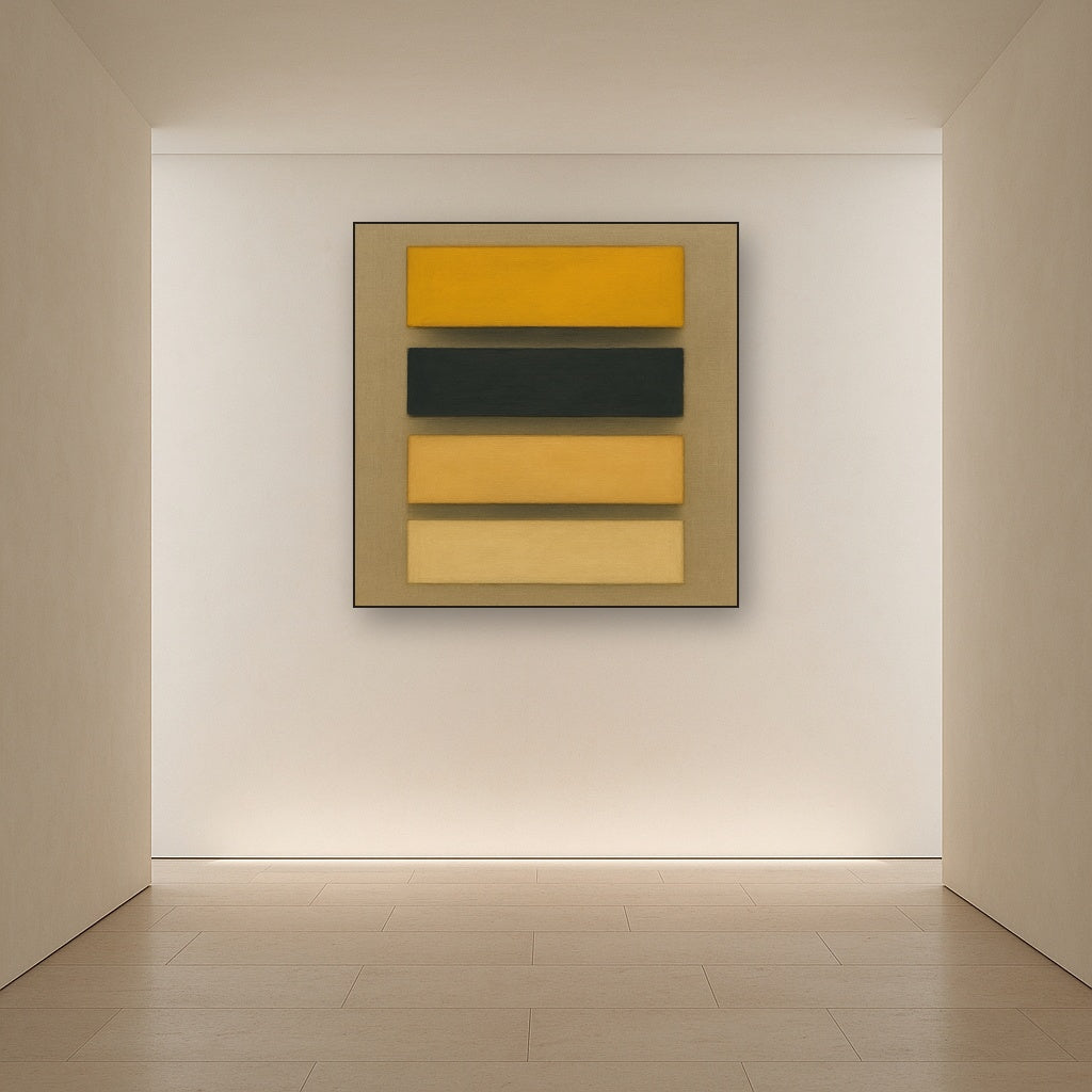 Stacked Horizon Blocks in Mustard & Charcoal No. 14 Oil Painting Staged in Bright Entryway and Hallway Gallery Wall, Hand Painted Fine Art on Linen