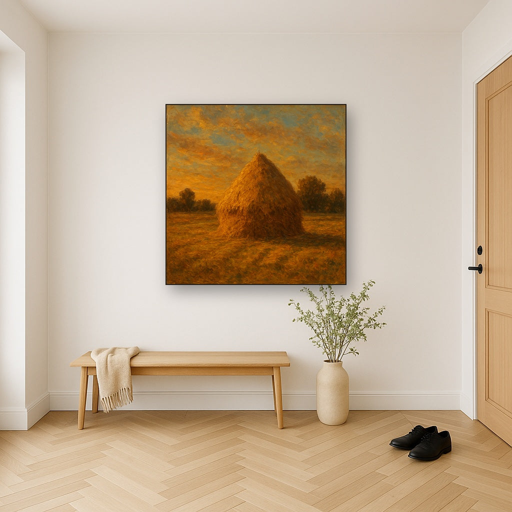Rustic Countryside Haystack at Sunset Oil Painting - Styled in Entryway Hallway