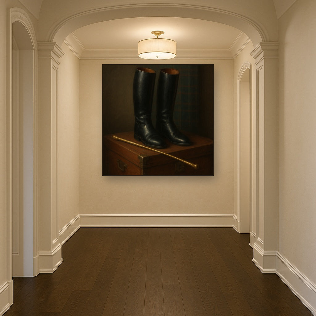 Vintage Riding Boots & Brass Crop on Trunk No. 2 Oil Painting Staged in Bright Entryway and Hallway Gallery Wall, Hand Painted Fine Art on Linen