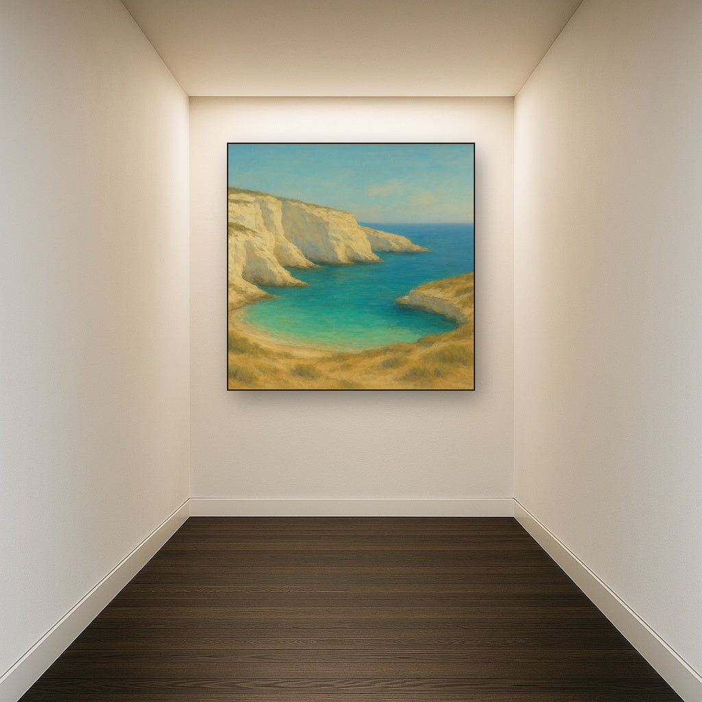 Mediterranean White Cliffs & Turquoise Cove No. 17 Oil Painting Staged in Bright Entryway and Hallway Gallery Wall, Hand Painted Fine Art on Linen