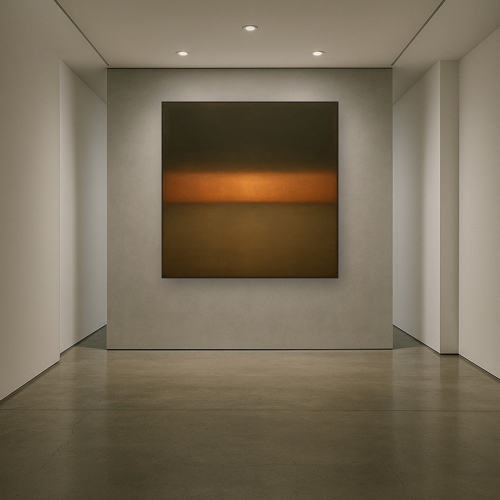 Charcoal Slate & Burnished Copper Horizon Oil Painting Staged in Bright Entryway and Hallway Gallery Wall, Hand Painted Fine Art on Linen