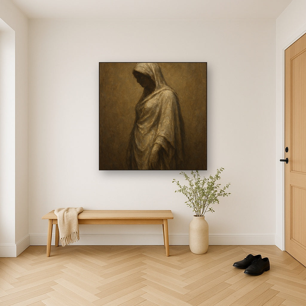 Renaissance Draped Silhouette Oil Painting Staged in Bright Entryway and Hallway Gallery Wall, Hand Painted Fine Art on Linen