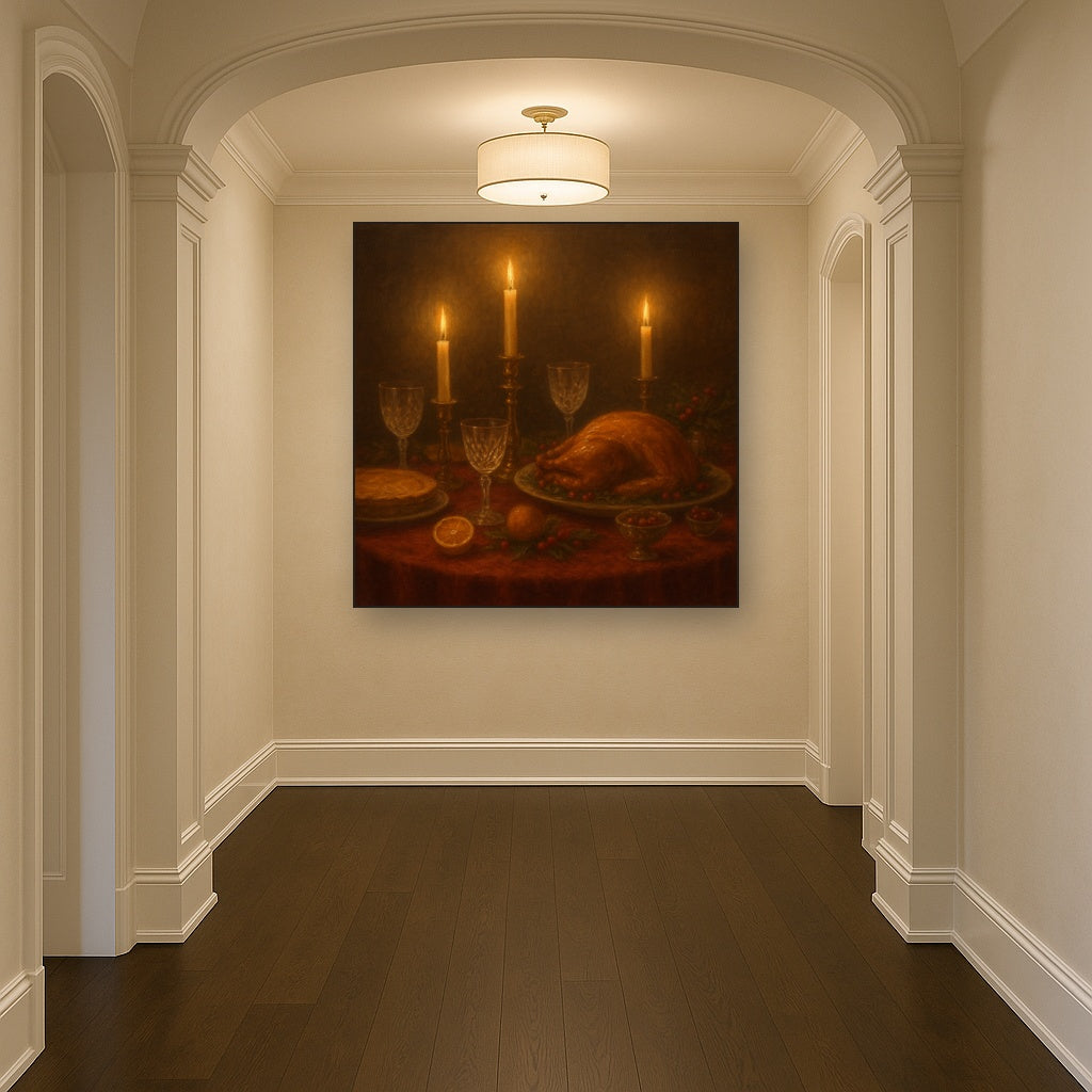 Candlelit Holiday Table & Vintage Glassware Oil Painting Staged in Bright Entryway and Hallway Gallery Wall, Hand Painted Fine Art on Linen
