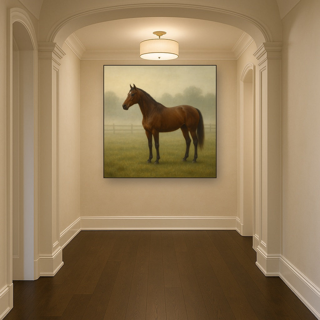 Thoroughbred in Morning Pasture Mist No. 8 Oil Painting Staged in Bright Entryway and Hallway Gallery Wall, Hand Painted Fine Art on Linen