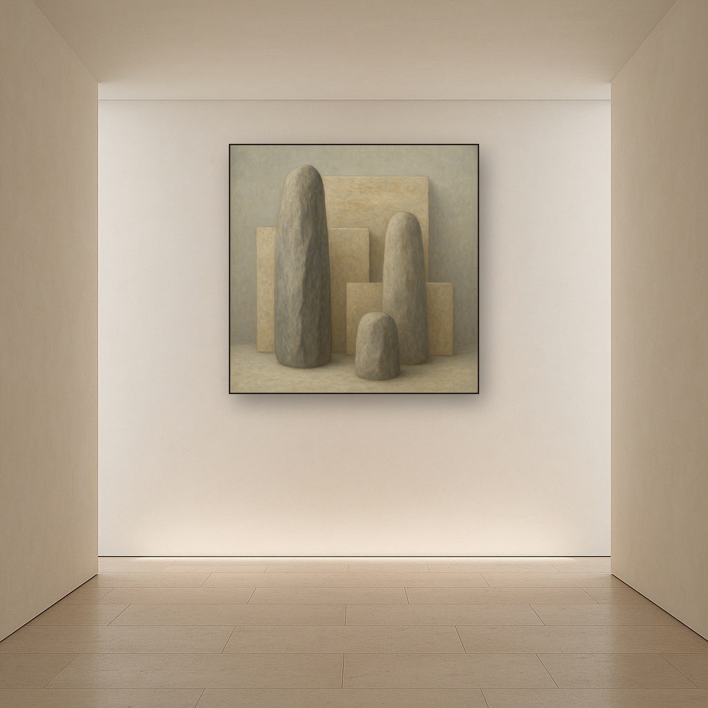 Driftwood Grey & Weathered Stone Monolith No. 19 Oil Painting Staged in Bright Entryway and Hallway Gallery Wall, Hand Painted Fine Art on Linen