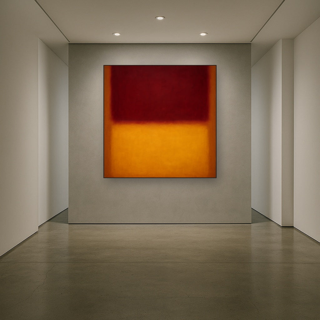 Crimson Burgundy & Saffron Gold Color Vibrations No. 26 Oil Painting Staged in Bright Entryway and Hallway Gallery Wall, Hand Painted Fine Art on Linen