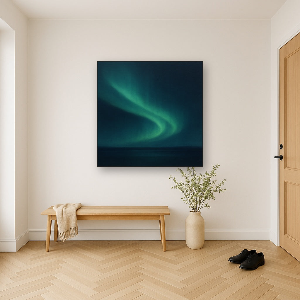 Aurora Borealis Veil in Deep Midnight Indigo No. 18 Oil Painting Staged in Bright Entryway and Hallway Gallery Wall, Hand Painted Fine Art on Linen