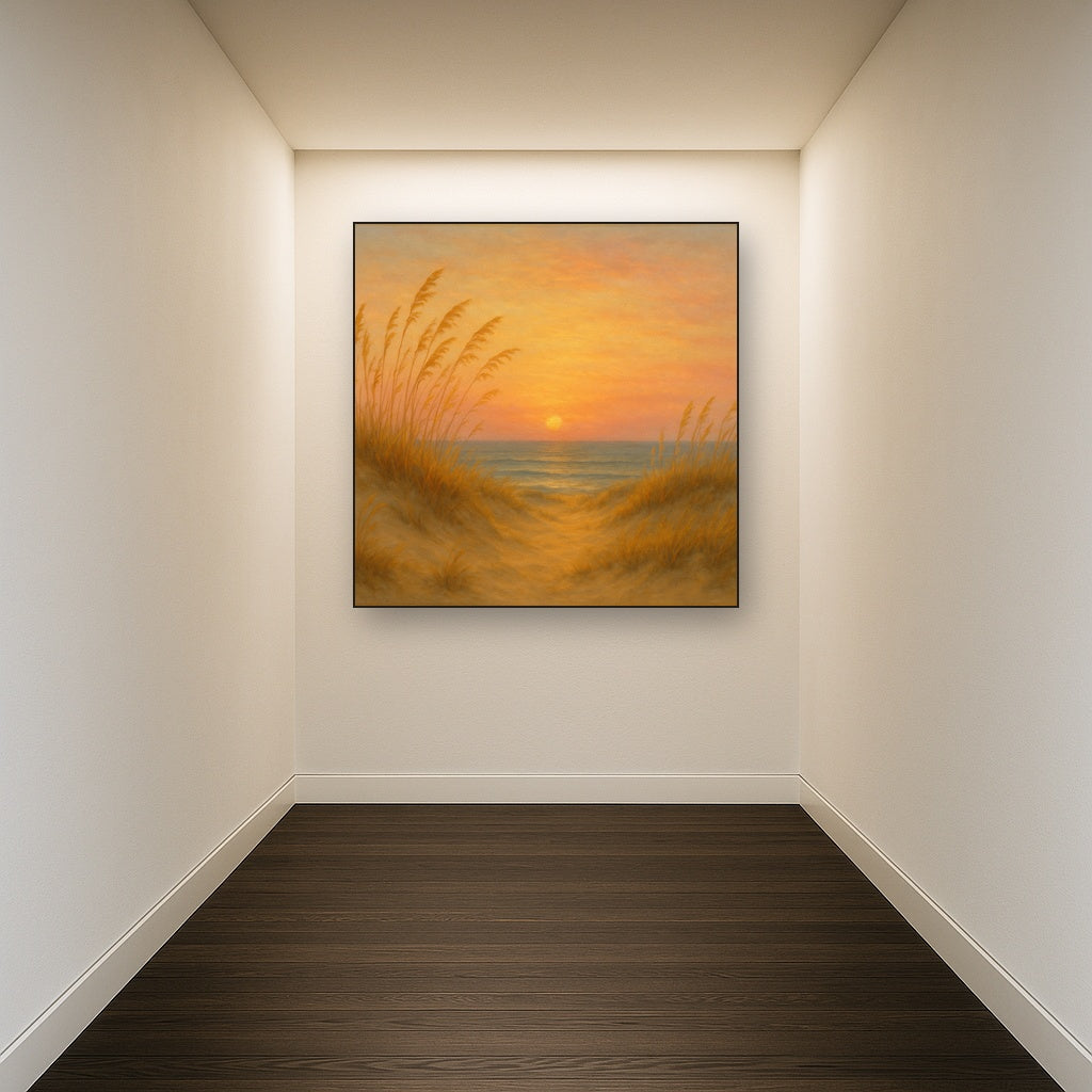 Sea Oats on Rolling Coastal Dunes at Sunset No. 3 Oil Painting Staged in Bright Entryway and Hallway Gallery Wall, Hand Painted Fine Art on Linen