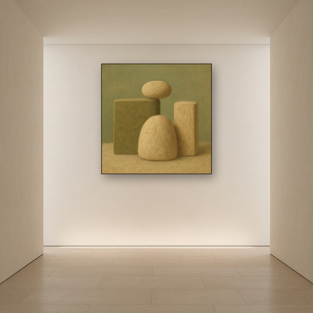 Muted Olive & Sandstone Geometric Balance No. 15 Oil Painting Staged in Bright Entryway and Hallway Gallery Wall, Hand Painted Fine Art on Linen