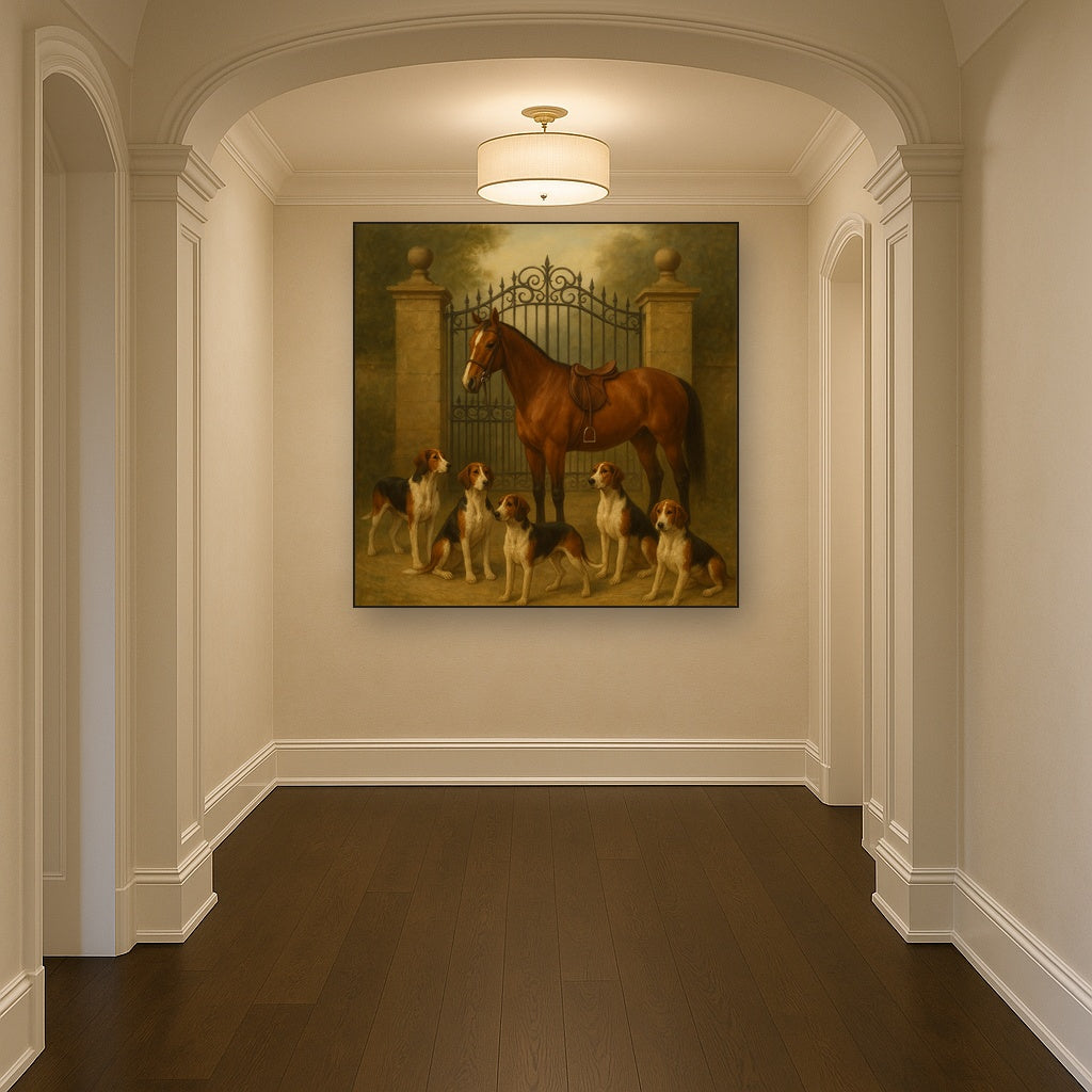 Hunting Hounds & Thoroughbred by Estate Gate No. 17 Oil Painting Staged in Bright Entryway and Hallway Gallery Wall, Hand Painted Fine Art on Linen