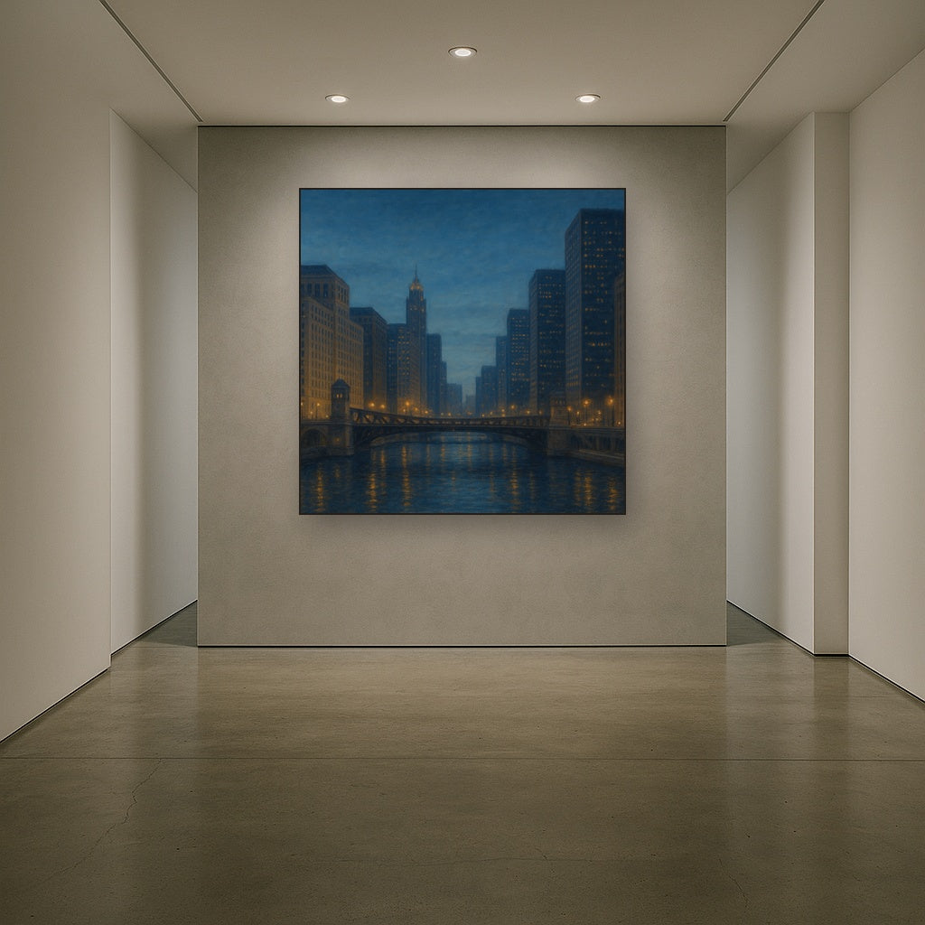 Chicago Riverfront Architecture at Blue Hour No. 24 Oil Painting - View 5