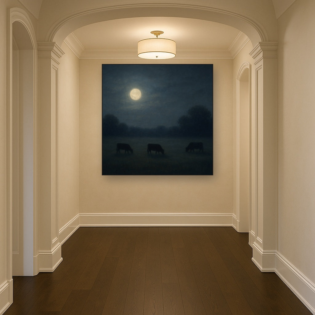 Moonlit Pastoral Meadow & Cattle Silhouettes No. 4 Oil Painting - View 5
