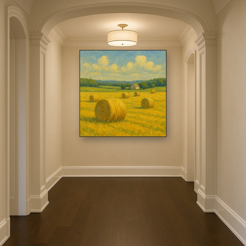 Rolling Meadow Hay Bales Horizon No. 3 Oil Painting - Styled in Entryway Hallway