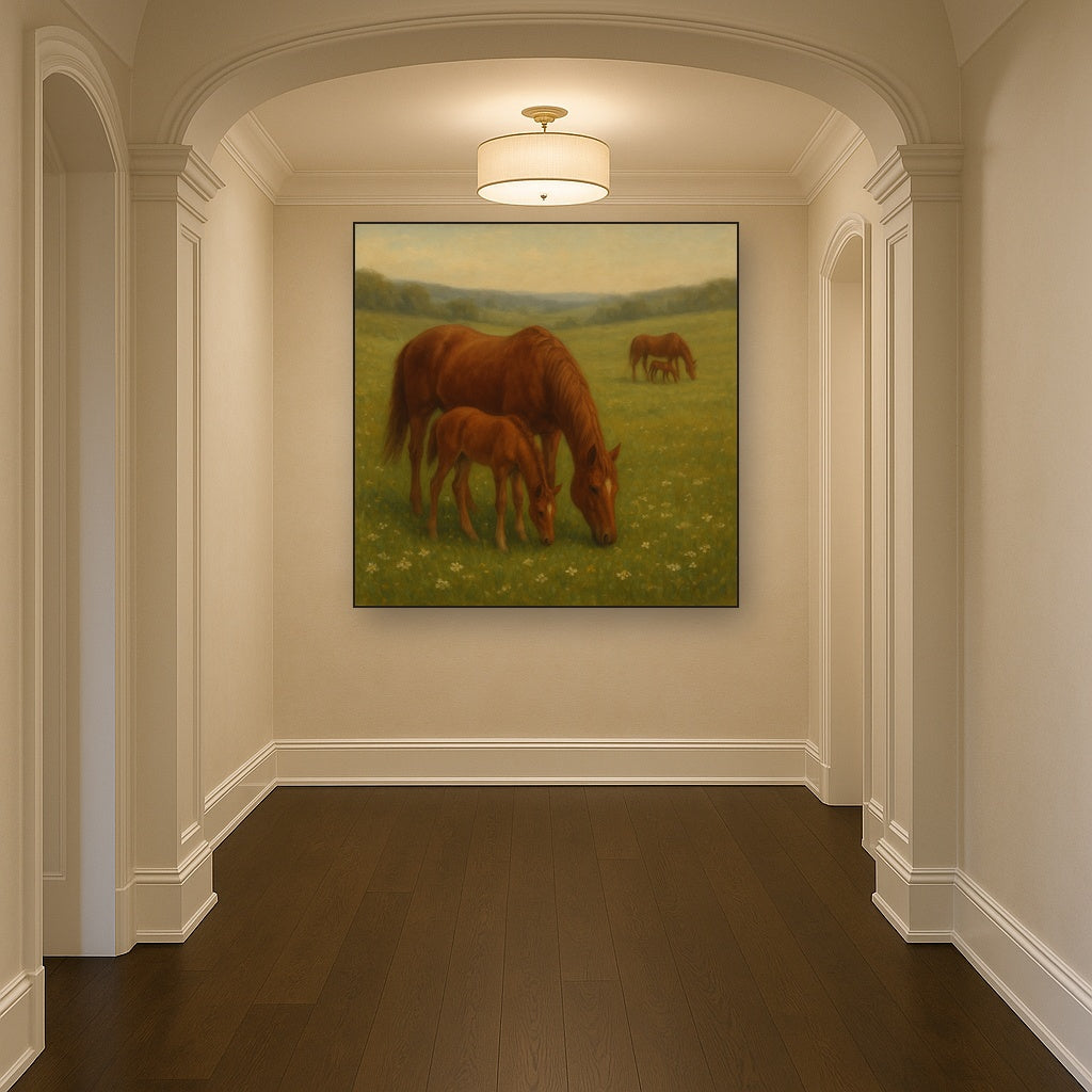 Mares & Foals Grazing in Rolling Meadow No. 12 Oil Painting - View 5