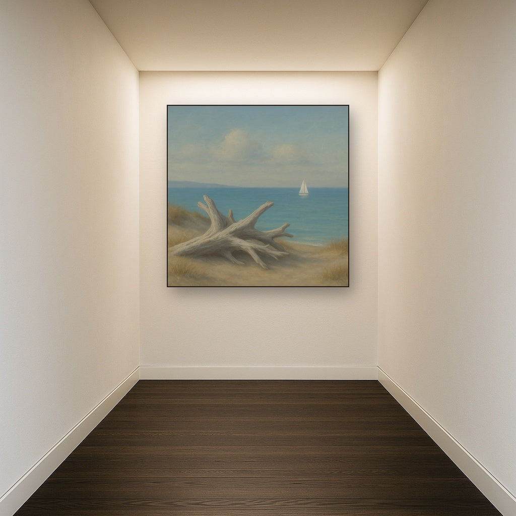 Sun-Bleached Driftwood & Distant Sailboat No. 5 Oil Painting - View 5