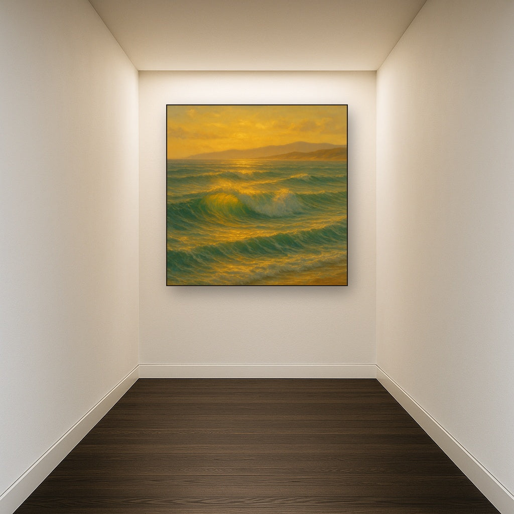 Golden Hour Sunlight on Ocean Swells No. 5 Oil Painting Staged in Bright Entryway and Hallway Gallery Wall, Hand Painted Fine Art on Linen
