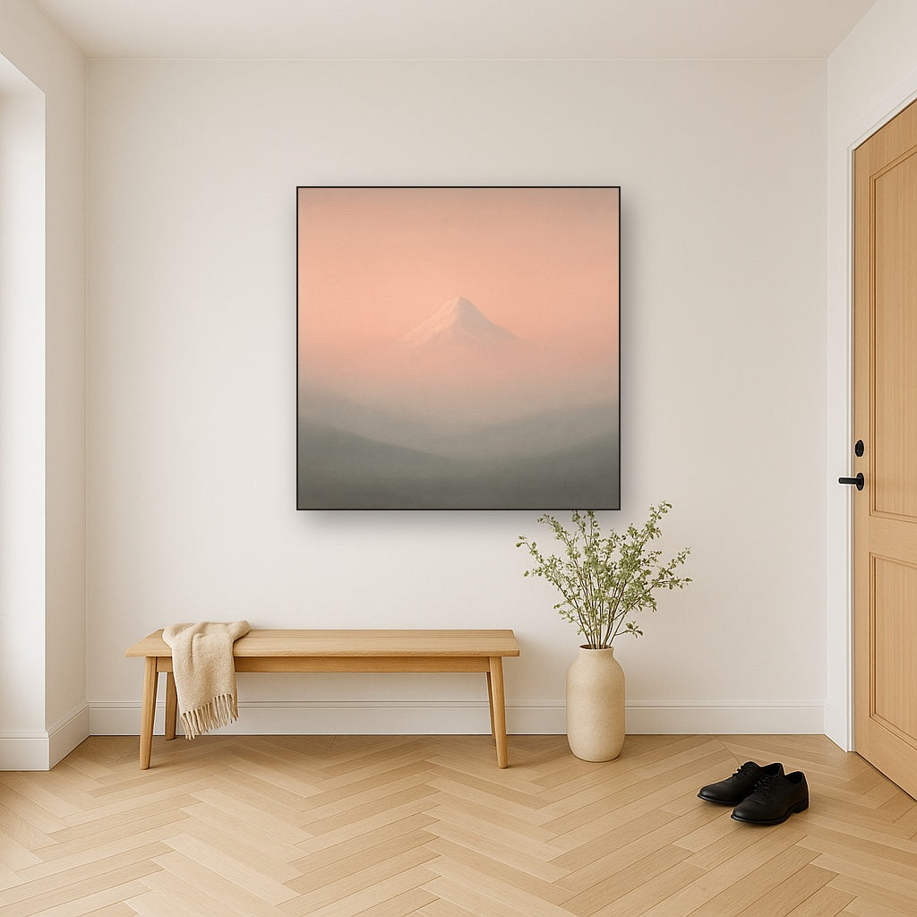 Pale Alpenglow over Distant Glacial Peak No. 11 Oil Painting Staged in Bright Entryway and Hallway Gallery Wall, Hand Painted Fine Art on Linen