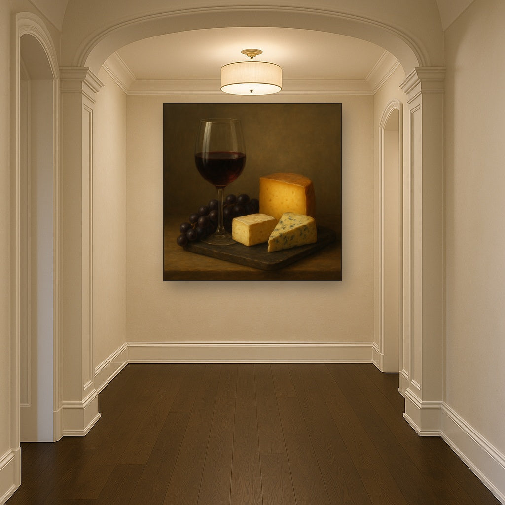 Burgundy Wine Glass & Aged Cheese Board No. 4 Oil Painting - View 5