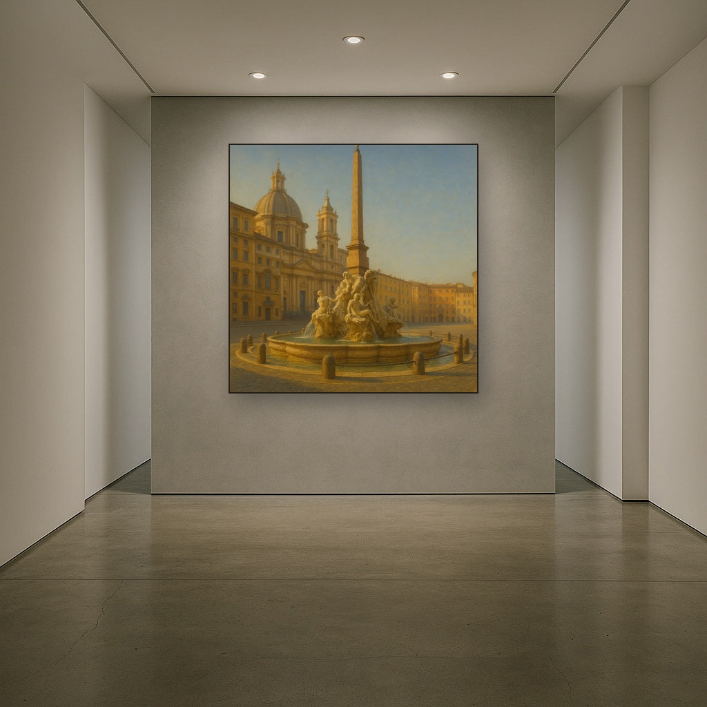 Rome Piazza Fountain in Morning Sunlight No. 13 Oil Painting Staged in Bright Entryway and Hallway Gallery Wall, Hand Painted Fine Art on Linen