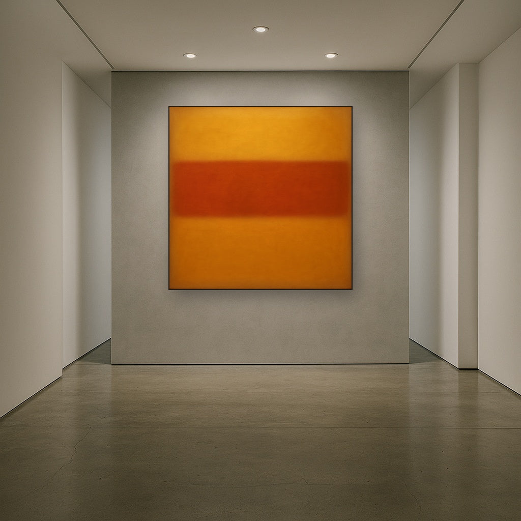 Luminous Ochre & Terracotta Horizon Color Field No. 26 Oil Painting Staged in Bright Entryway and Hallway Gallery Wall, Hand Painted Fine Art on Linen