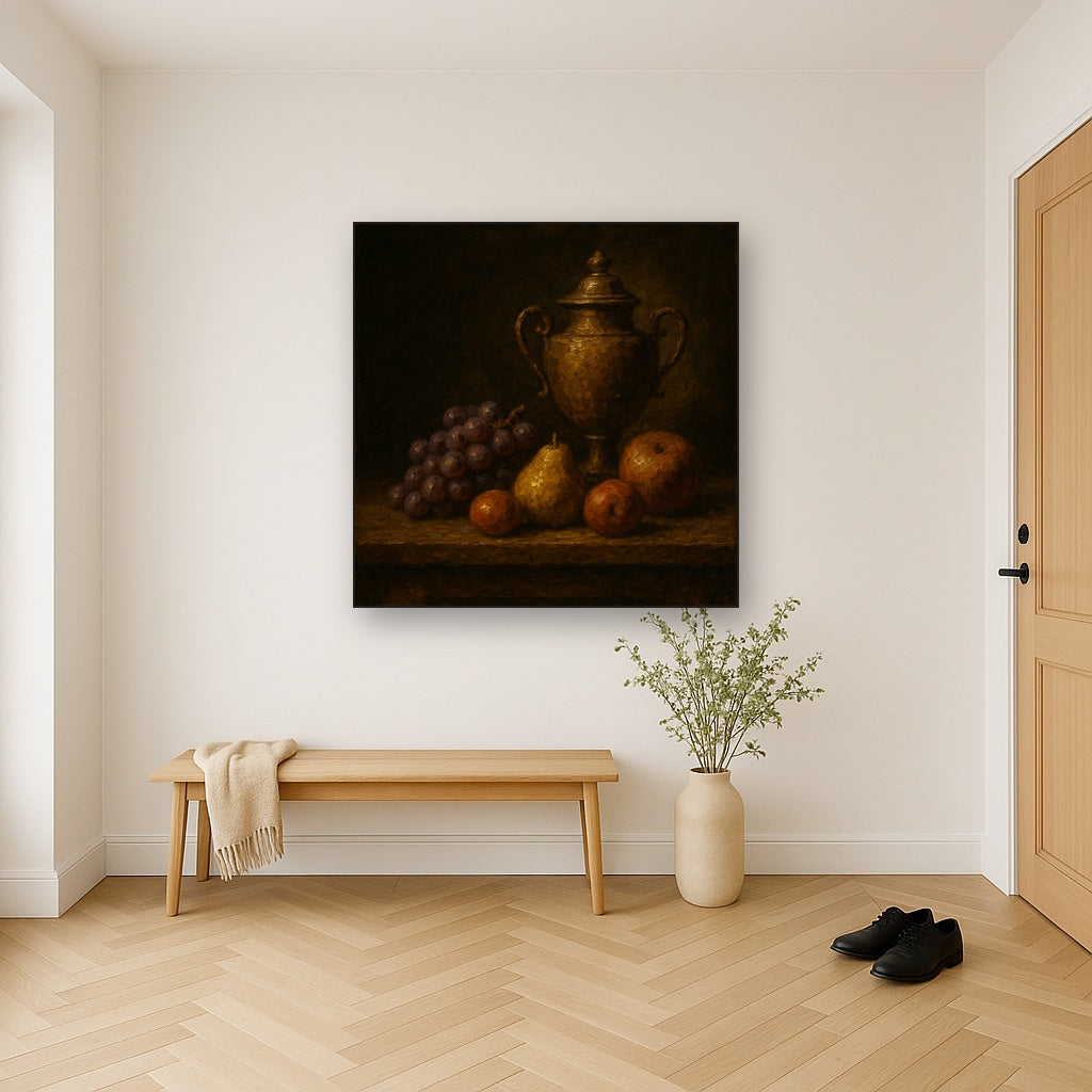 Classical Chiaroscuro Fruit & Urn Still Life No. 4 Oil Painting - Styled in Entryway Hallway