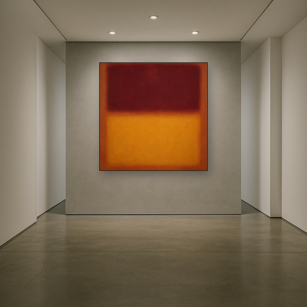 Crimson Burgundy & Saffron Gold Color Vibrations No. 27 Oil Painting Staged in Bright Entryway and Hallway Gallery Wall, Hand Painted Fine Art on Linen