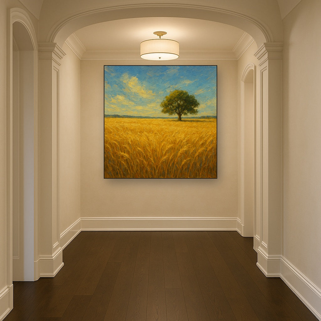 Sun-Drenched Wheat Field & Solitary Tree Oil Painting - Styled in Entryway Hallway