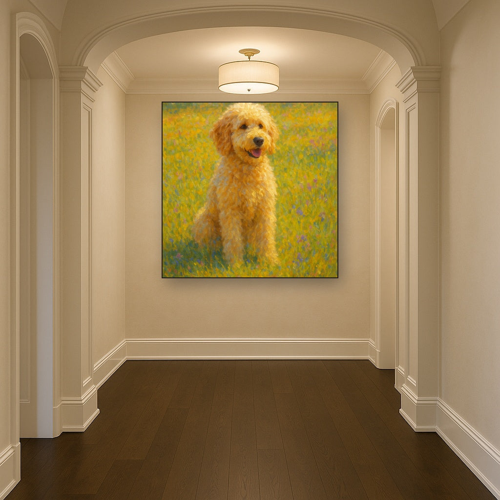 Fluffy Goldendoodle in Sun-Drenched Meadow No. 17 Fine Art Oil Painting - View 5