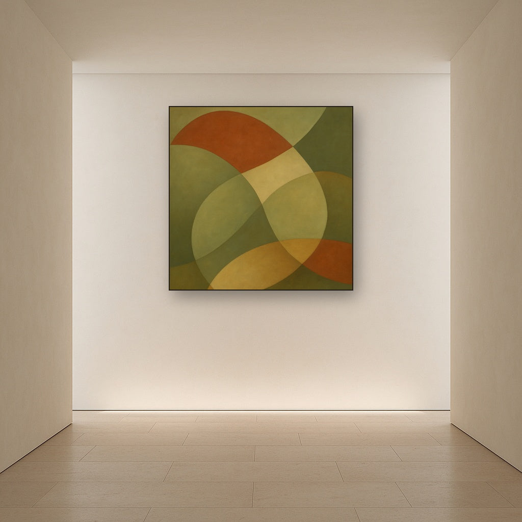 Intersecting Curved Forms in Olive & Rust No. 24 Oil Painting Staged in Bright Entryway and Hallway Gallery Wall, Hand Painted Fine Art on Linen