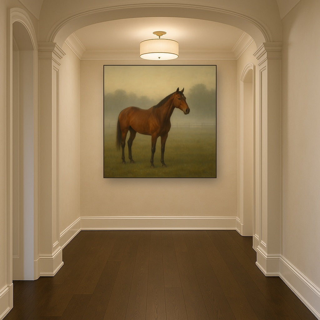 Thoroughbred in Morning Pasture Mist No. 4 Oil Painting - View 5