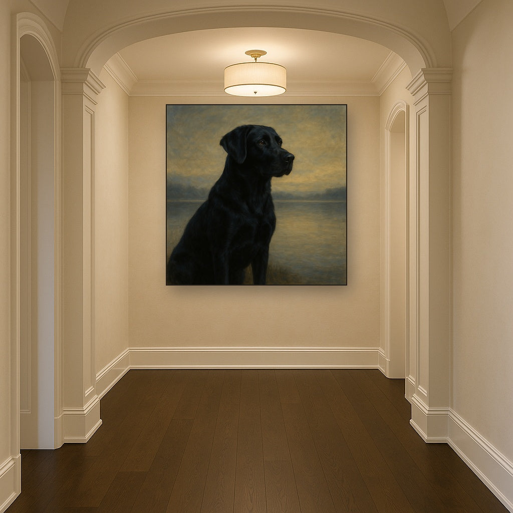 Black Labrador Retriever by Misty Lake Horizon No. 12 Fine Art Oil Painting - View 5