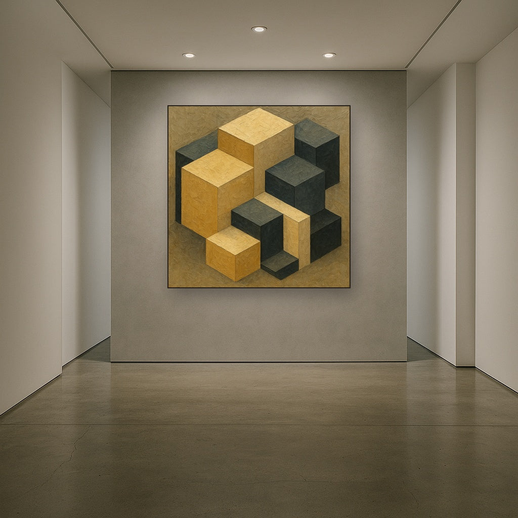 Isometric Modernist Cube Abstraction No. 7 Oil Painting - Styled in Entryway Hallway