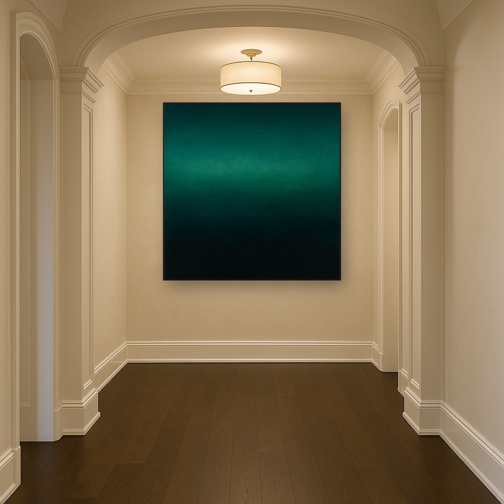 Midnight Teal & Deep Malachite Gradient No. 20 Oil Painting Staged in Bright Entryway and Hallway Gallery Wall, Hand Painted Fine Art on Linen