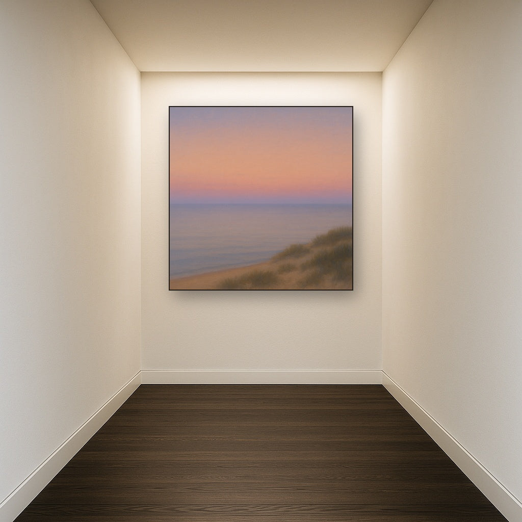 Pastel Dusk Horizon over Calm Atlantic Waters No. 2 Oil Painting Staged in Bright Entryway and Hallway Gallery Wall, Hand Painted Fine Art on Linen