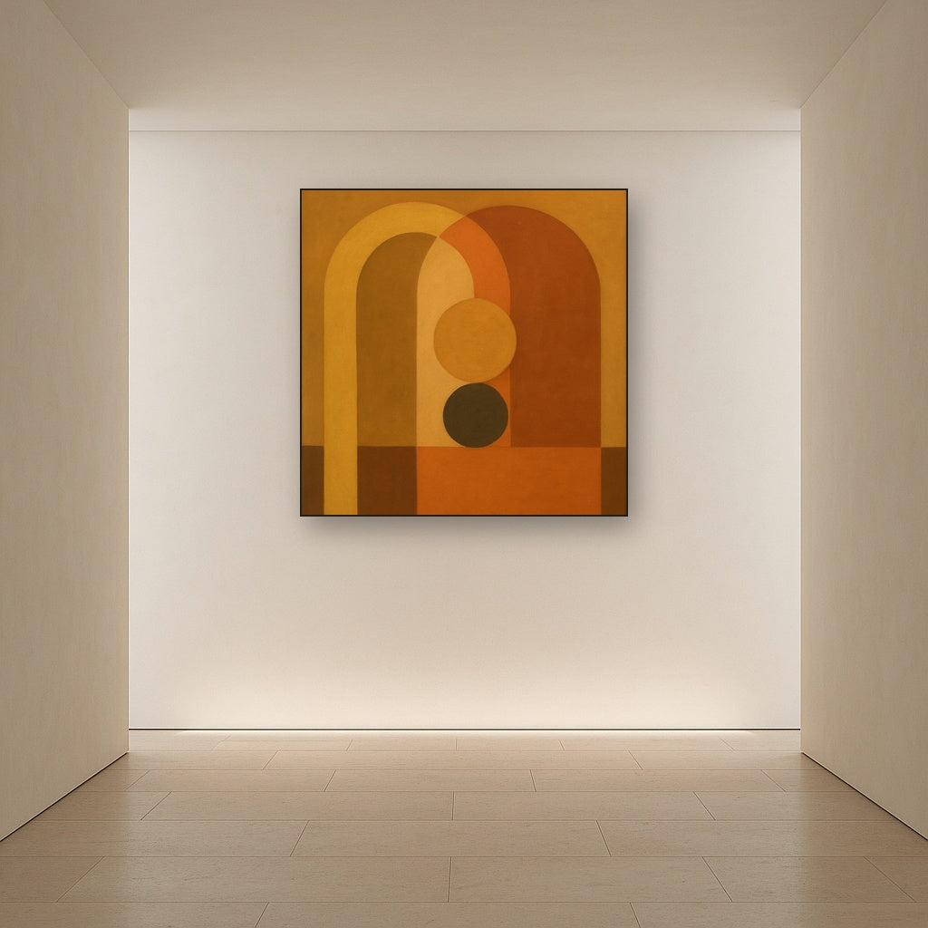 Arch & Circle Equilibrium in Warm Earth Tones No. 25 Oil Painting Staged in Bright Entryway and Hallway Gallery Wall, Hand Painted Fine Art on Linen
