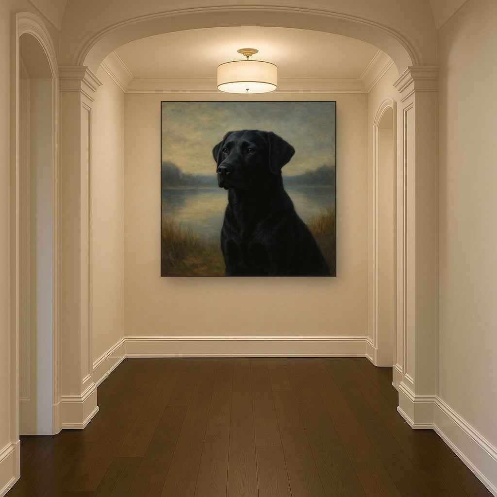 Black Labrador Retriever by Misty Lake Horizon No. 3 Fine Art Oil Painting - View 5