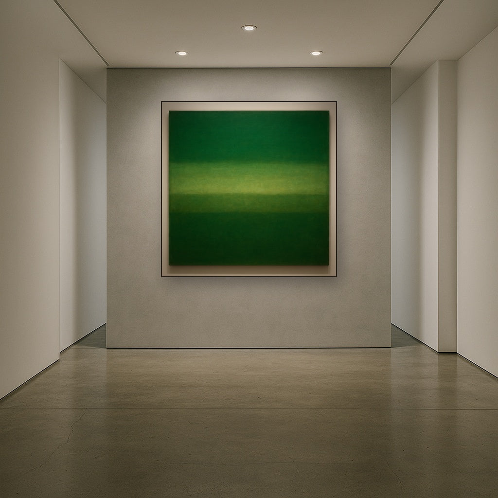 Forest Emerald & Deep Moss Contemplative Field No. 22 Oil Painting Staged in Bright Entryway and Hallway Gallery Wall, Hand Painted Fine Art on Linen