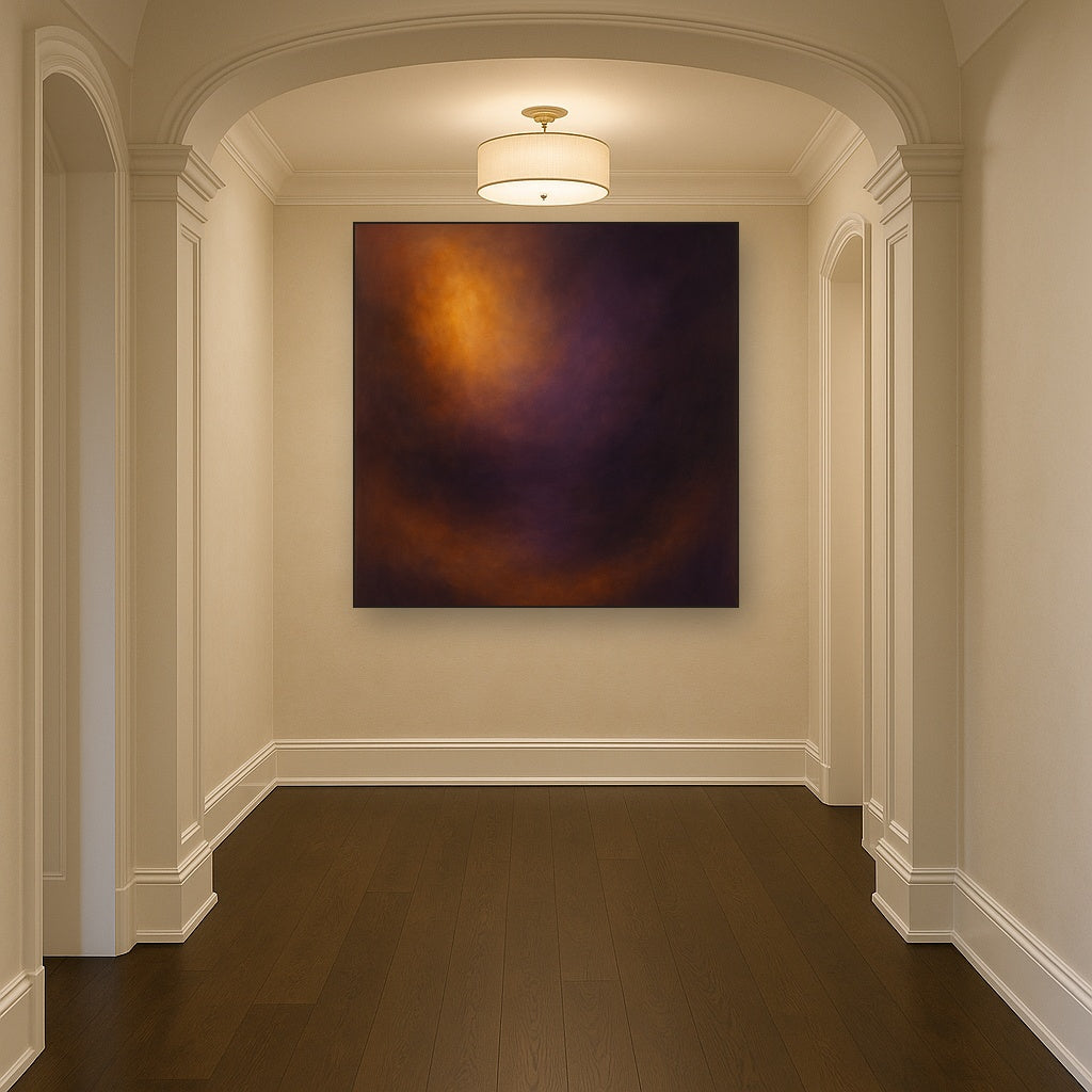 Burnt Amber & Velvet Amethyst Atmosphere No. 11 Oil Painting Staged in Bright Entryway and Hallway Gallery Wall, Hand Painted Fine Art on Linen